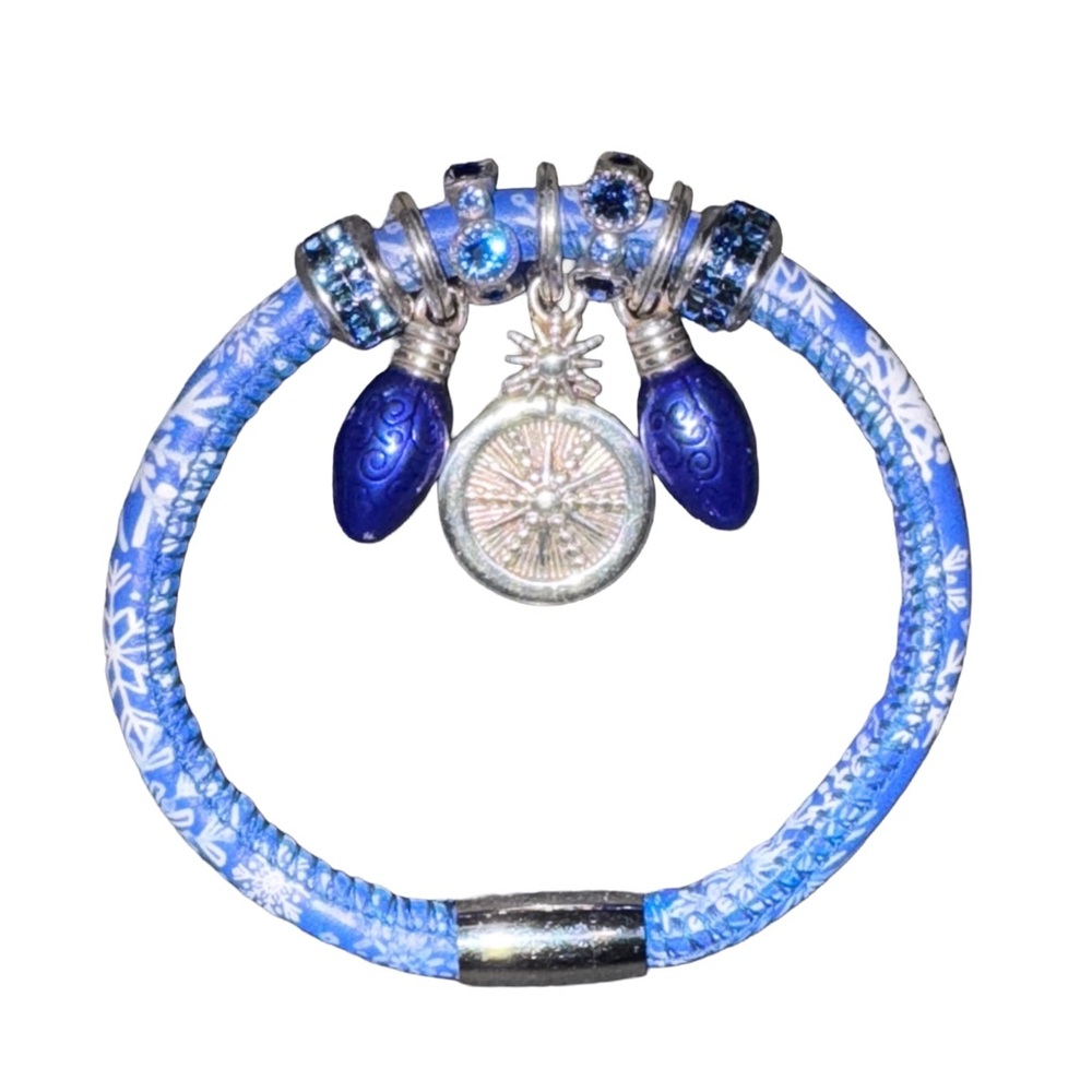 Brighton Snowflakes Woodstock leather bracelet with blue enamel charms